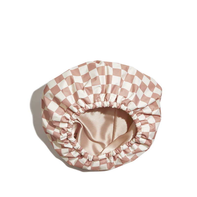 Satin Lined Flexi Shower Cap - Terracotta Checker