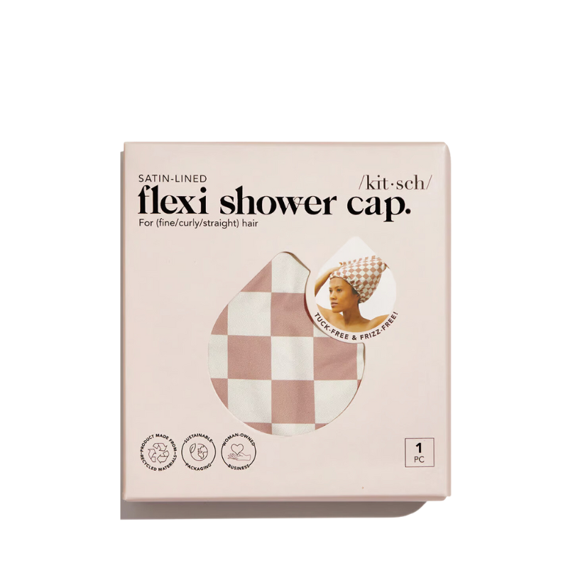 Satin Lined Flexi Shower Cap - Terracotta Checker