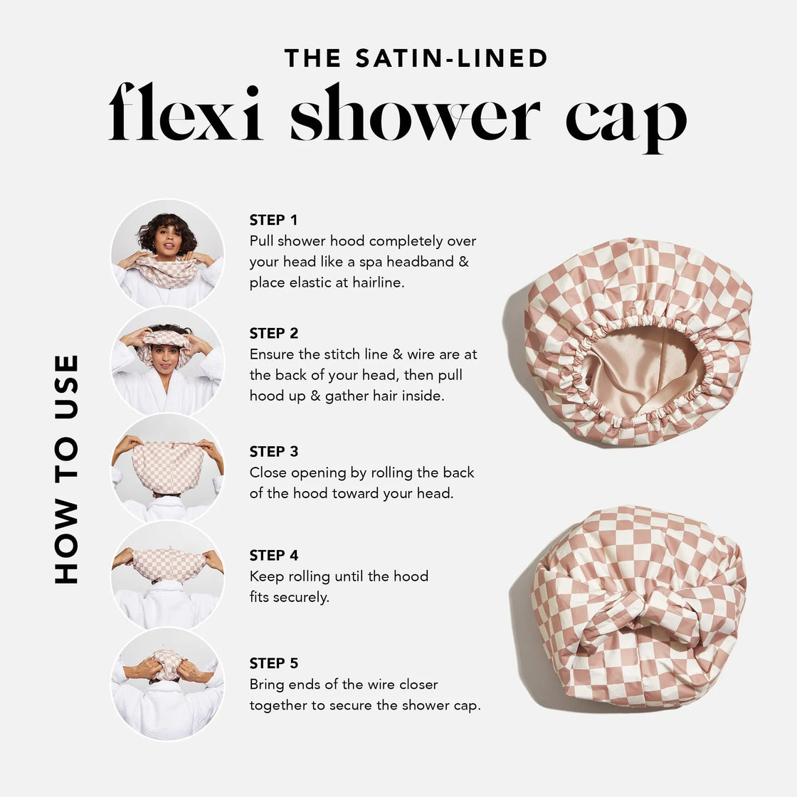 Satin Lined Flexi Shower Cap - Terracotta Checker